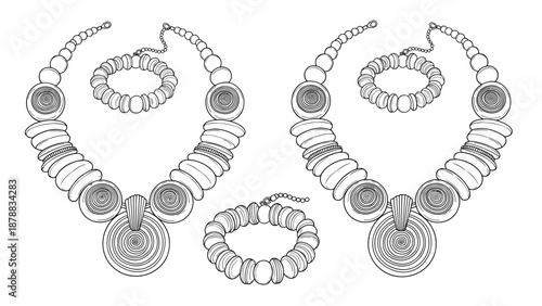 Two sets of ethnic or bohemian style jewelry, including a chunky beaded necklace and a matching bracelet, presented in a detailed line art style.