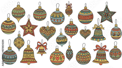 Colorful collection of hand-drawn Christmas tree ornaments with intricate bohemian and folk art patterns, including baubles, stars, bells, and hearts.