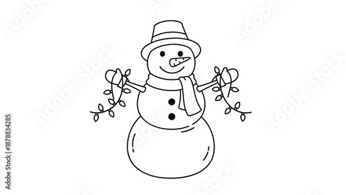 Simple line art drawing of a cheerful snowman wearing a hat and scarf while holding a string of festive Christmas lights, perfect for a coloring page.