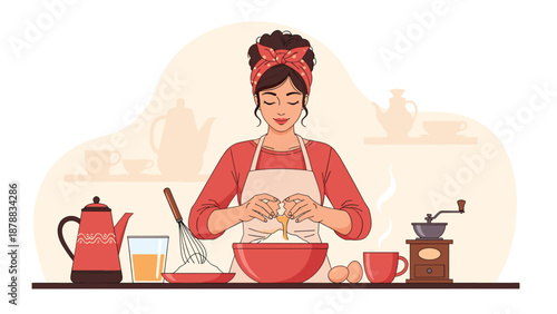 Charming woman in an apron and a red bandana breaking an egg into a bowl while baking in a vintage-style kitchen with coffee accessories.