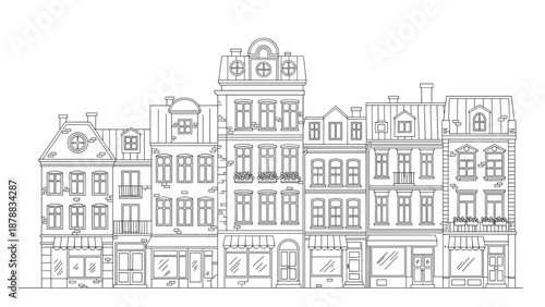 Detailed line art illustration of a charming European city street with various historic townhouses and storefronts, perfect for a coloring book.