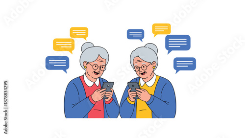 Two happy senior women using their smartphones to chat and send messages, illustrating modern communication and technology for the elderly.