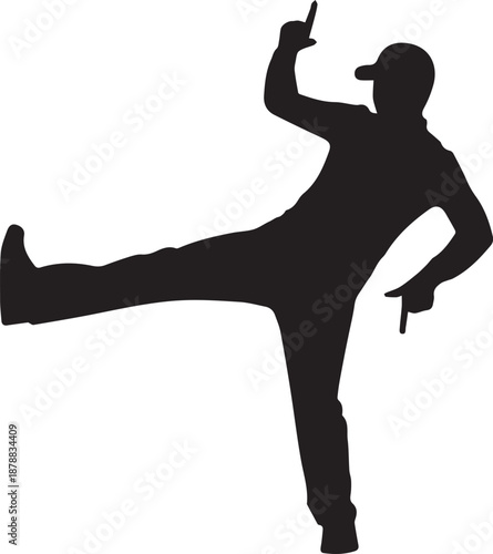 Silhouette of man in dynamic dance pose with one leg raised