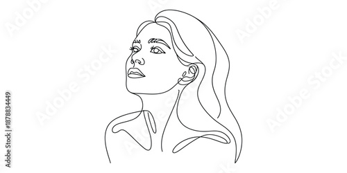 Minimalist continuous line art drawing of a woman looking thoughtfully upwards