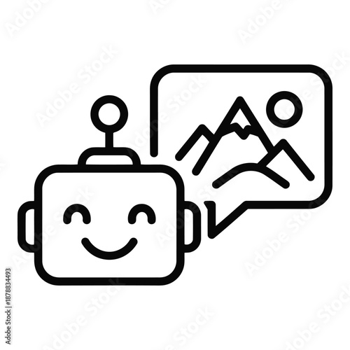 Vector icon a black line drawing of a robot with a smiley face and a speech bubble showing a mountain landscape