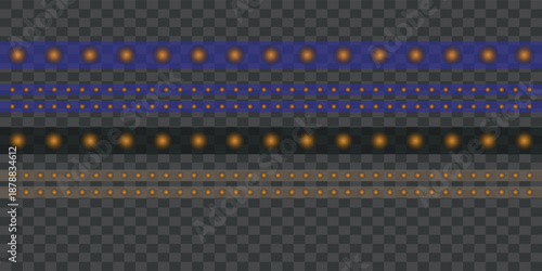 Glowing orange led strips with various dot sizes and spacing on a transparent background