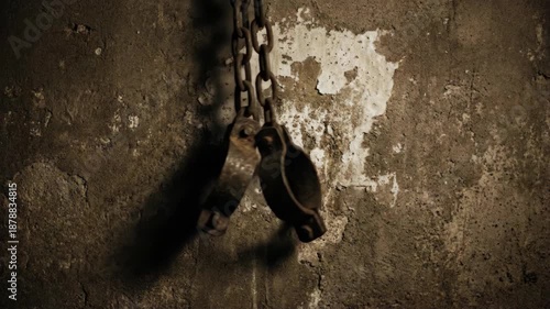 Ancient rusty shackles hanging by a chain against a crumbling wall, symbol of broken chains and freedom, dark and moody atmosphere