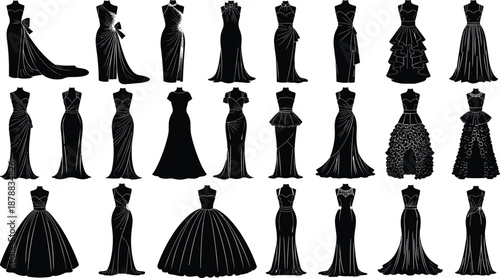 Large collection of elegant black evening gown silhouettes, formal wedding dress vector illustrations, fashion design mannequin set for bridal party, luxury dress icons,
