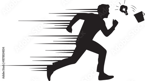 Man running with lightbulb and coffee cup in motion