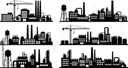 Industrial factory silhouettes set, manufacturing plant icons, power station buildings, construction cranes, water towers, engineering silhouettes, urban 