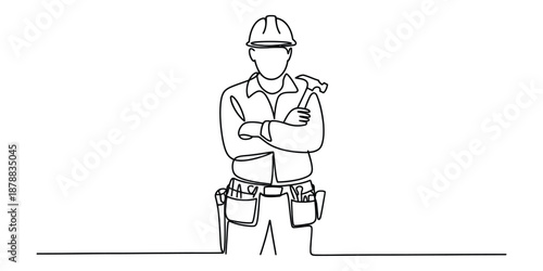 A continuous line drawing of a skilled construction worker standing confidently with a hammer