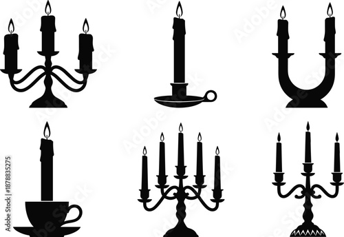 Silhouette set of vintage black candelabras, single candle holders with burning flames, elegant interior decor icons, classic antique lighting vector illustration, graphic elements.