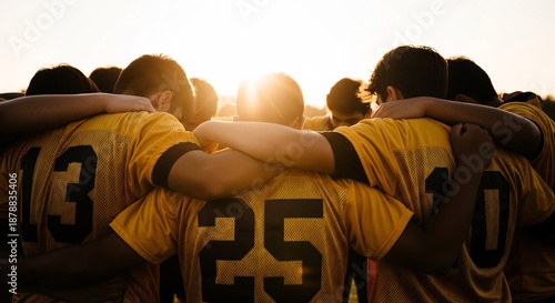Team of young athletes standing together in unity and support during sunset
