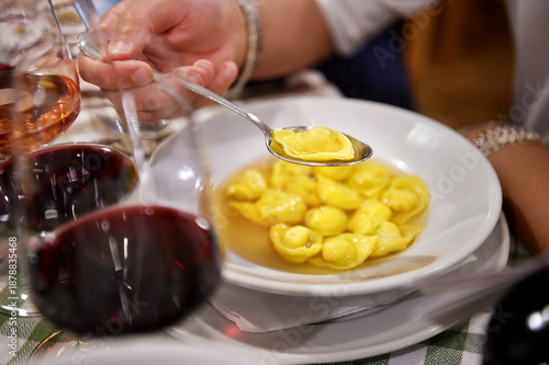 Tortellini in brodo or tortellini in broth is typical food from Bologna and Emilia Romagna region in Italy