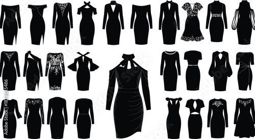 Vector illustration of elegant black dress silhouettes, evening cocktail party wear, formal female fashion collection, little black dress icons, stylish garment shapes, apparel set.