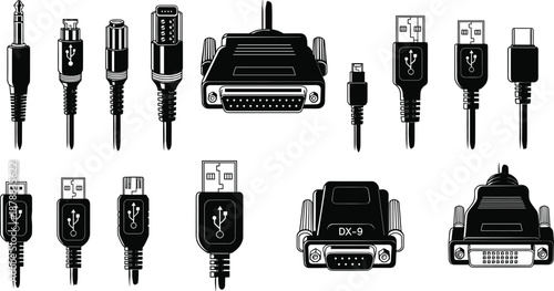 Vector, illustration, collection, of, different, computer, cable, connectors, hardware, ports, USB, Type-A, Type-C, micro, mini, audio, jack, serial, VGA, DVI, data, connection, icons.