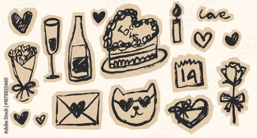 Set of happy valentine's scrapbook doodle and scribble, romantic, dinner, love heart and gift, rose flower bouquet and chocolate cut out magazine paper collages 