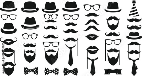 Hipster gentleman vector icon set with hats, mustaches, beards, glasses and fashion accessories in vintage silhouette style isolated on white background