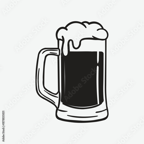 Black and white beer mug vector illustration with foam on top. Minimal line art style, perfect for bar logos, brewery branding, pub posters, menus, and alcohol-themed designs