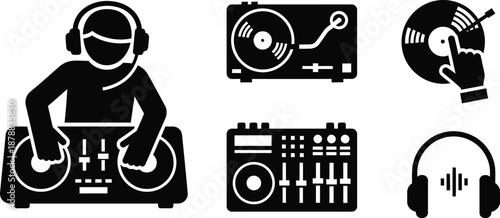 Deejay on the beats. Disc jockey (DJ) mixing music on turntables. 