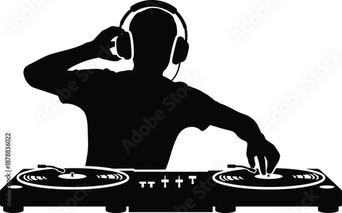 Deejay on the beats. Disc jockey (DJ) mixing music on turntables. 
