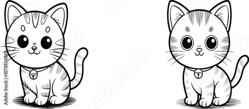 Cute Kitten Line Art Illustration Set Featuring Sitting Tabby Cats, Adorable Cartoon Pet Characters in Black and White Sketch Style Vector