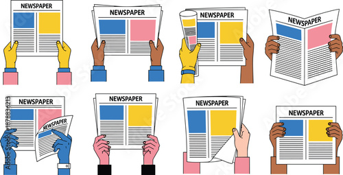 People holding and reading newspapers illustration set with diverse hands, daily news media concept, journalism, information distribution and press communication in flat vector style