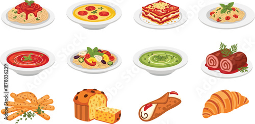 Italian food illustration set with pasta, soup, lasagna, bread, desserts and pastries, traditional cuisine dishes isolated on white background