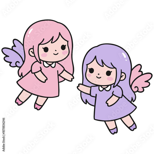 Kawaii Angel Gemini Twins with Wings Flying - Cute Chibi Zodiac Girls Mascot - Vector Celestial Astrology Character
