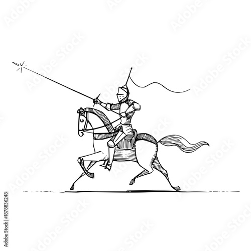 Medieval knight armor horse lance drawing sketch jousting equestrian warrior horseback vintage illustration art