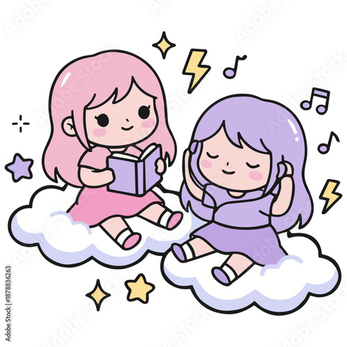 Cute Gemini Zodiac Twins on Cloud Reading Book and Listening to Music - Kawaii Chibi Astrology Girls - Vector Education Clipart