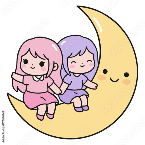 Cute Gemini Twins Sitting on Crescent Moon - Kawaii Chibi Zodiac Girls at Night - Vector Nursery Art Astrology Clipart