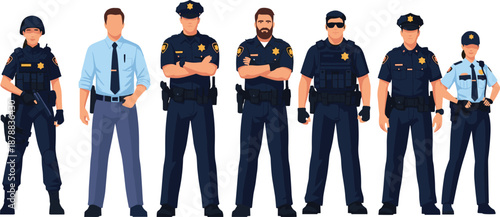 Police officer vector illustration set with diverse law enforcement characters in uniform, security staff and public safety personnel isolated on white background
