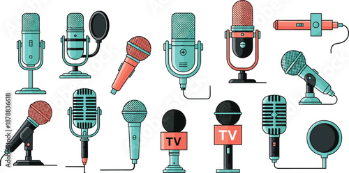 Retro microphone vector illustration set with vintage radio, podcast and TV broadcast microphones, audio recording equipment icons isolated on white background
