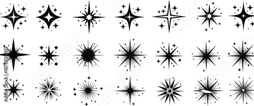 Sparkle and starburst icon illustration set with shining stars, magic light effects and decorative glimmer elements isolated on white background