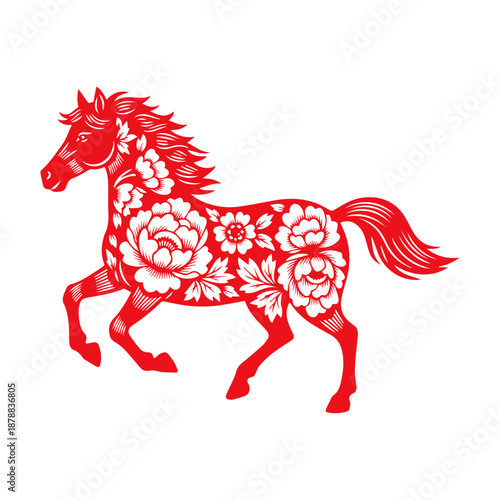 Running red horse with floral pattern in traditional Chinese paper cut style