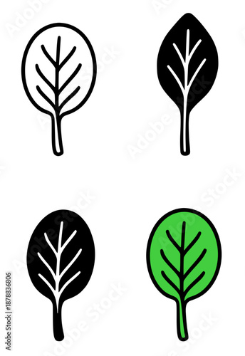 Spinach illustration icon in outline, silhouette and colored style