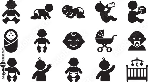 Collection of black and white icons representing babies and related items like strollers and cribs, perfect for maternity and parenting themes