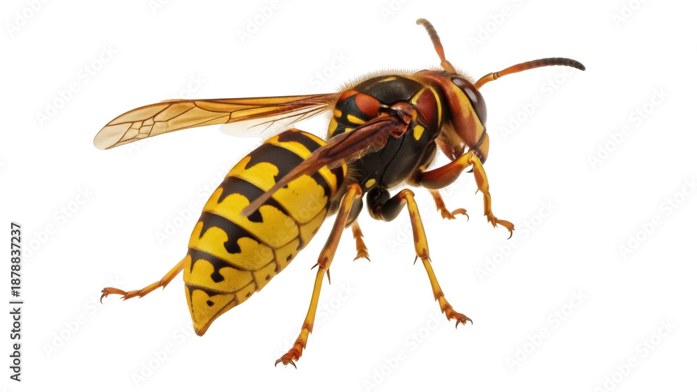 Obraz premium Isolated yellowjacket wasp insect close-up showing detailed head, thorax, abdomen segments
