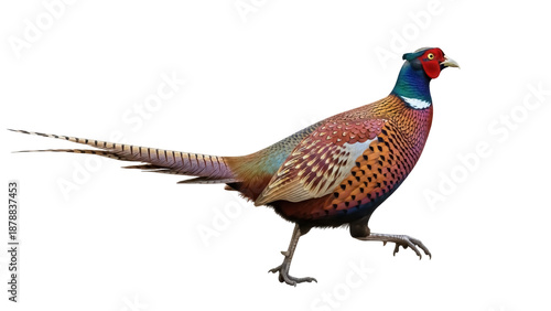 Isolated Ring-Necked Pheasant walking with brown, orange, red, and purple plumage colors