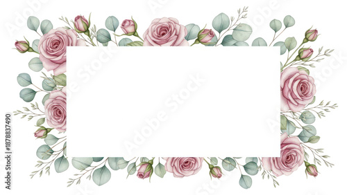 Watercolor dusty pink rose and eucalyptus greenery frame. Elegant floral border for wedding invitation and save the date card. High quality illustration.