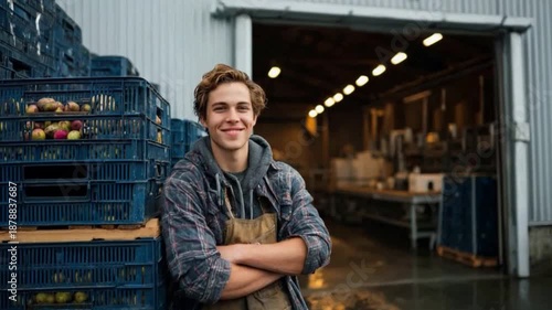 Smiling Farmhand: A young, beaming farmhand stands confidently against a backdrop of harvested produce crates and the industrial feel of a storage warehouse.