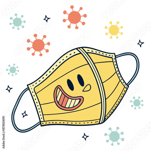 Smiley face mask surrounded by viruses