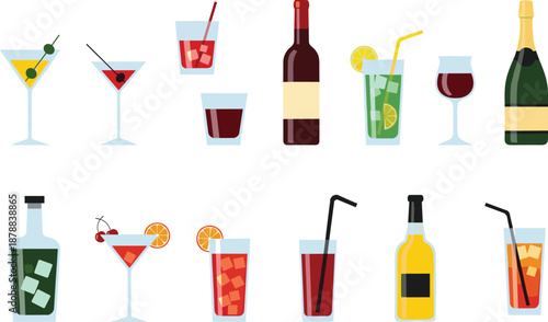 Colorful alcoholic drinks and cocktail illustration set featuring wine, champagne, spirits, and mixed beverages in flat vector style for bar and menu design