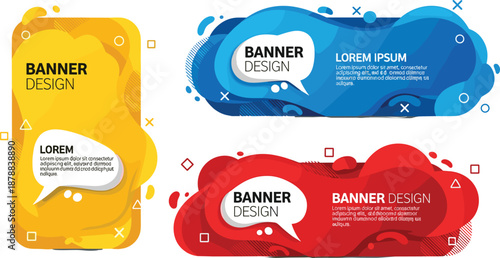 Colorful abstract banner design set with modern liquid shapes, speech bubbles, and geometric elements for web, social media, and digital marketing templates