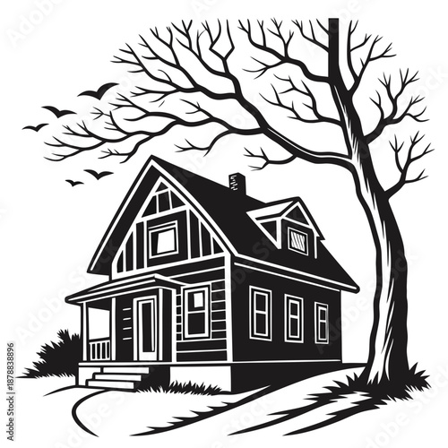 Black and white cottage with tree