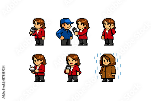 Pixel art sideline reporter in various poses and actions
