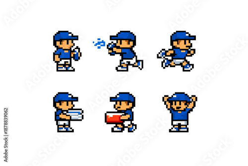 Pixel art water boy sprite sheet with six actions