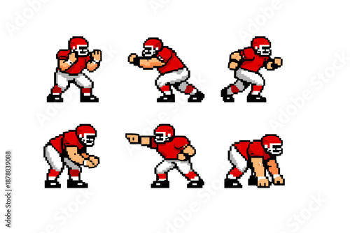 Pixel art American football player in six action poses