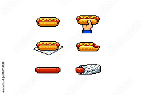 Pixel art hot dog variations in 8-bit video game style